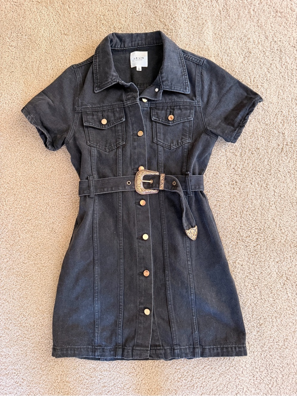 LELIS Black Denim Button-Front Belted Shirt Dress
